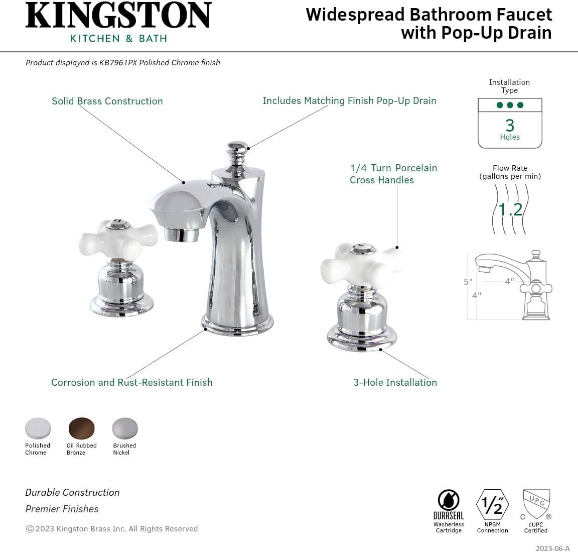 Kingston Brass Victorian Two-Handle 3-Hole Deck Mount Widespread Bathroom Faucet with Retail Pop-Up Drain