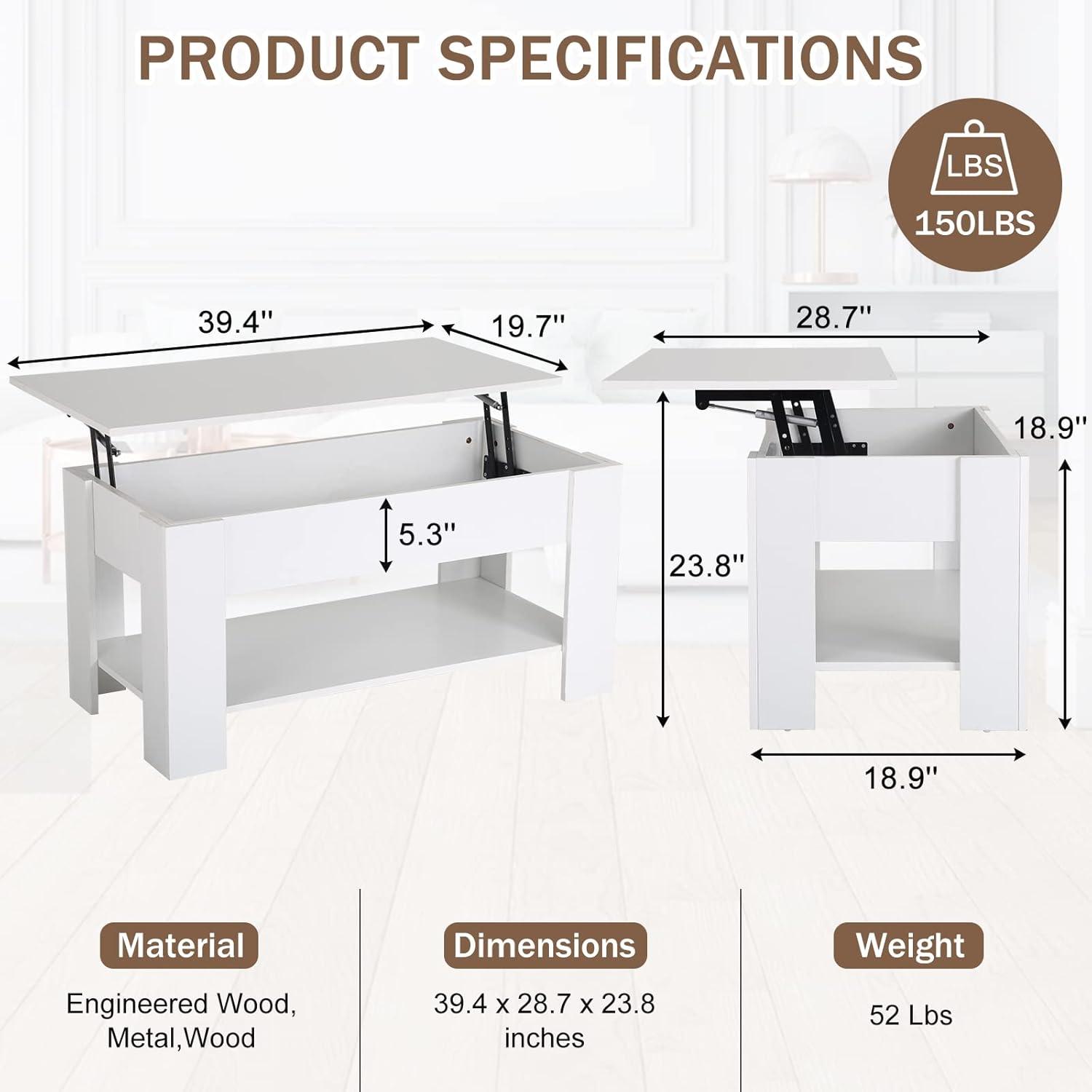 FDW Coffee Tables with Hidden Compartment and Storage Shelf Wooden Lift Tabletop Dining Table for Living Room Home (White)