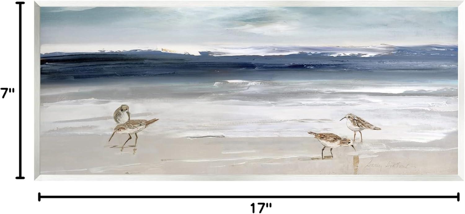 Sandpipers Grazing Sea Shore Blue and Beige Wood Wall Art