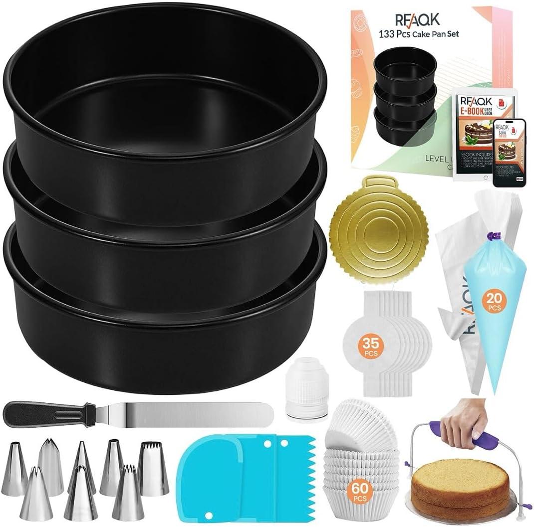 RFAQK 133PCs Round Cake Pans Sets for Baking + Cake Decorating Supplies - 3 Non-Stick 8 Inch Cake Pan with Baking Supplies, Piping Tips, Cake Leveler, Icing Spatula and 35 Parchment Papers with eBook