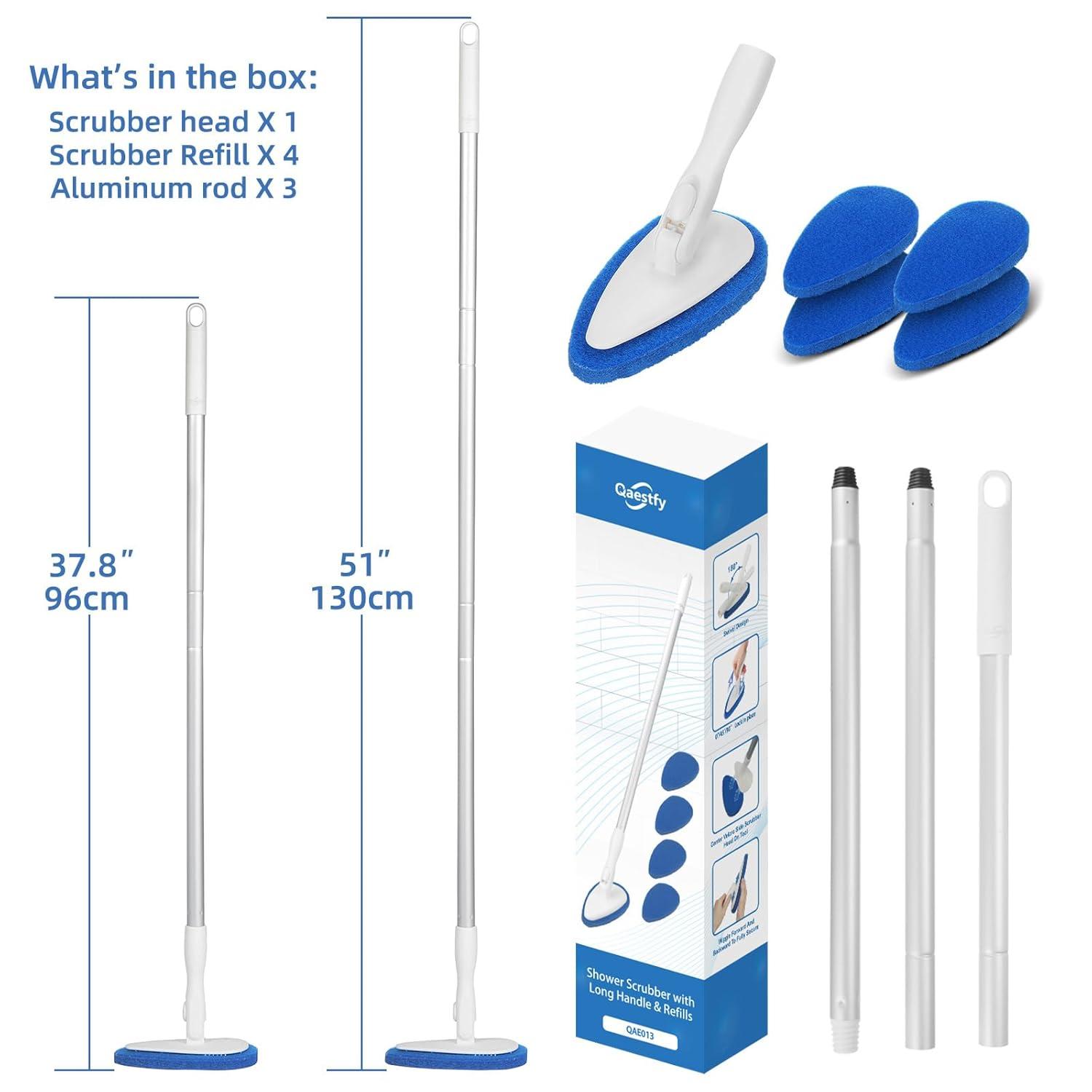 Shower Bathtub Tub Tile Scrubber Cleaning Brush with 51'' Handle, 5 Non-Scratch Scouring Pads, Adjustable Long Handled Scrub Brush for Cleaning Shower Bathroom Vessel Sinks Toilet Wall Floor