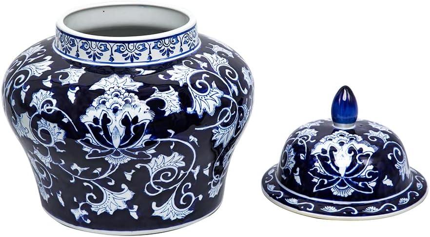 Blue and White Floral Porcelain Ginger Jar with Lid, 17 Inch