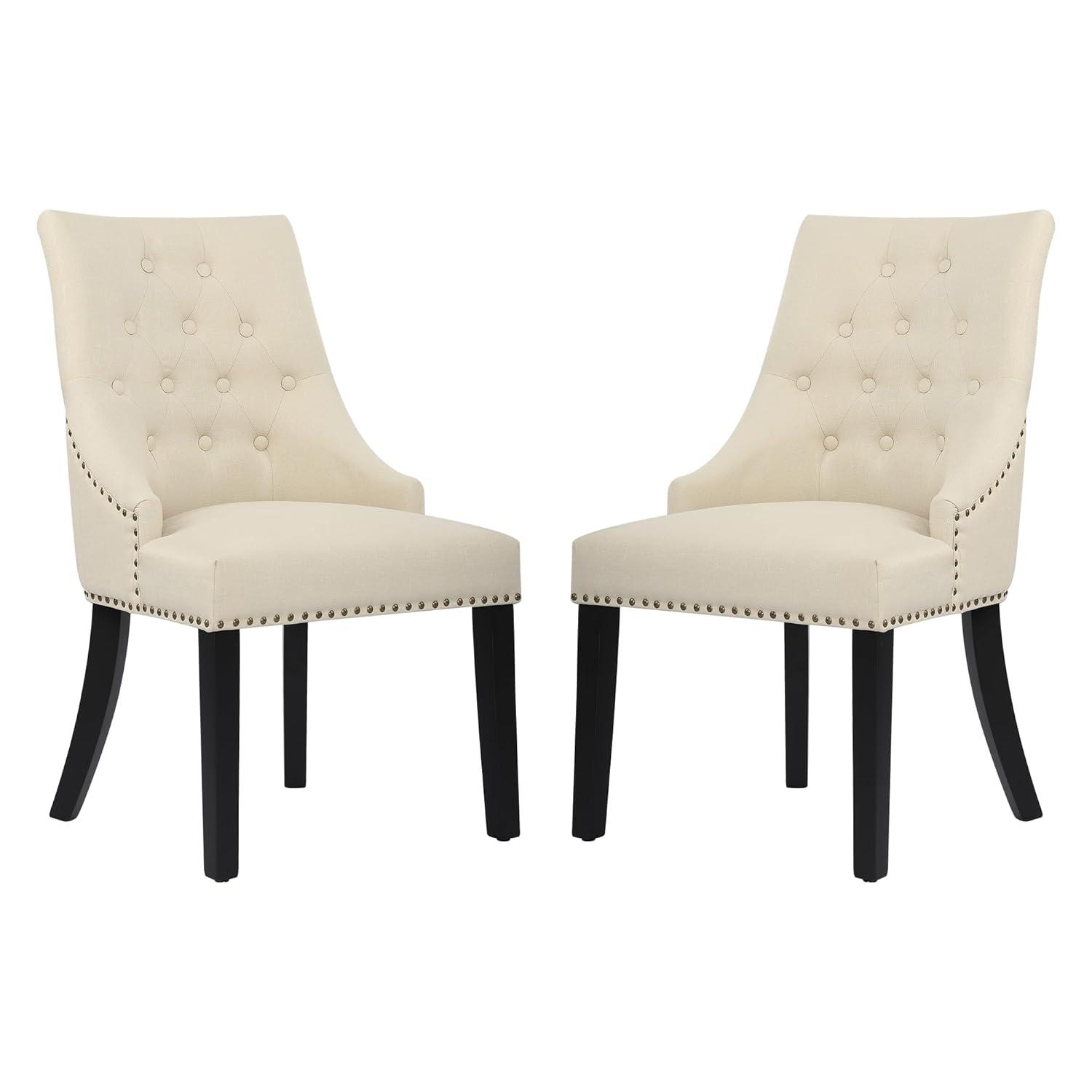 Xayoca Dining Chairs Set of 2,Upholstered Velvet Dining Room Chairs with Button-Tufted Decoration,Modern Kitchen Chairs with Nailhead Solid Wood Legs for Kitchen/Bedroom/Dining Room（Beige）