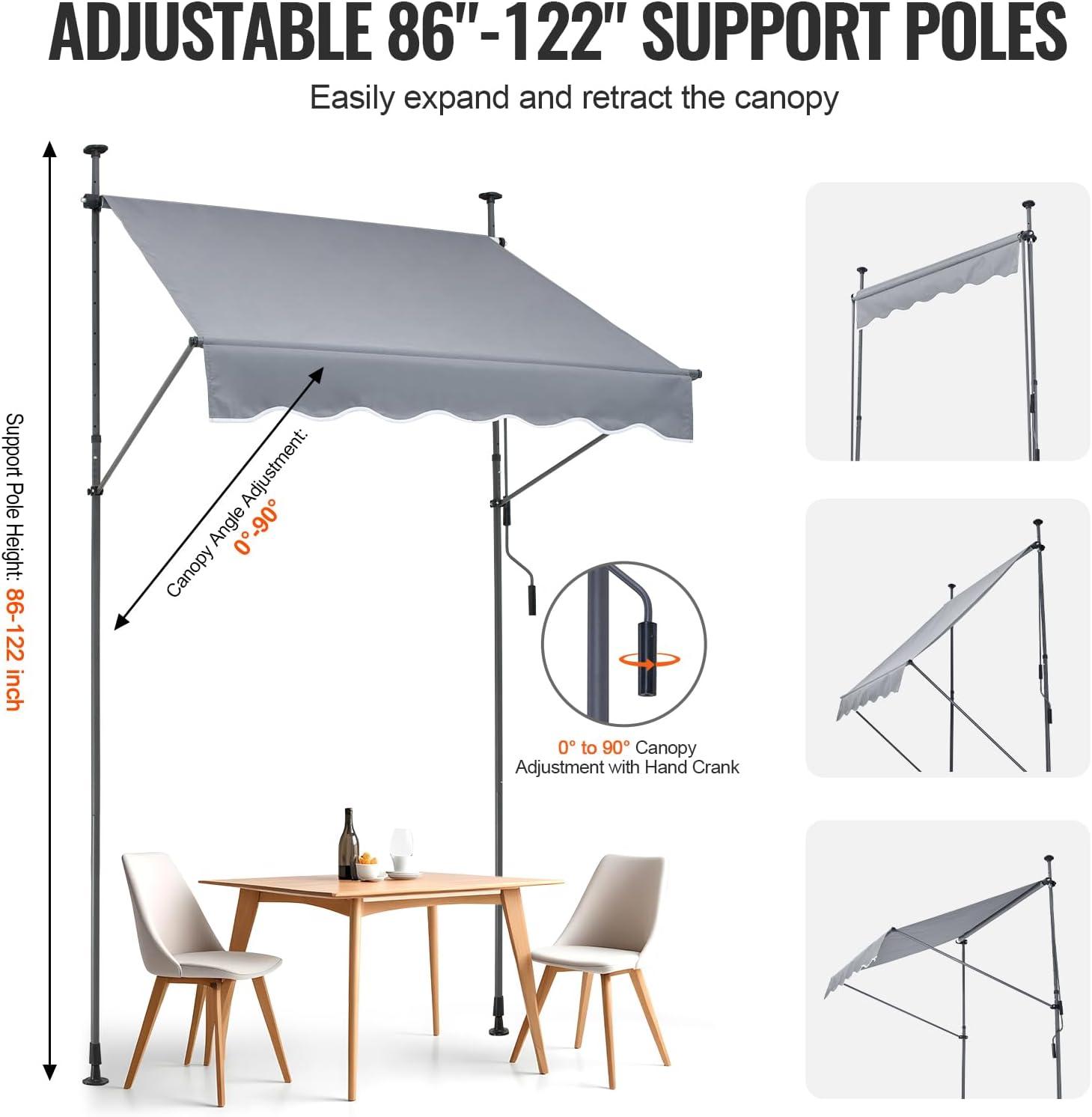 Gray Retractable Patio Awning with Manual Crank, 59" x 47"