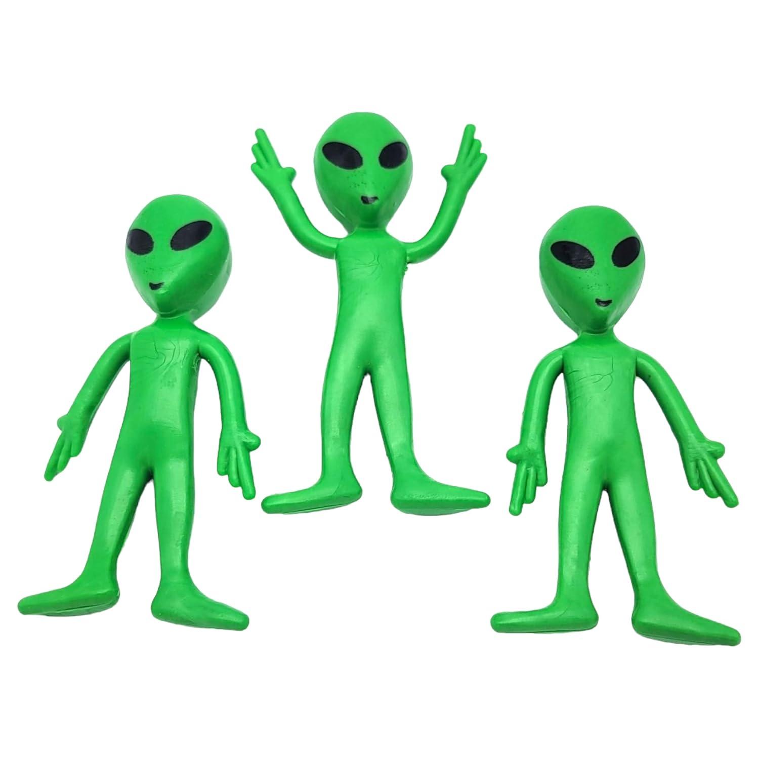 12 Pack- Bendable Rubber Green Aliens (3.75") Action Figures Bendable UFO Aliens Limbs Sensory Stress Relief Fidget Toys. Great Party Favor Trick or Treat Supplies