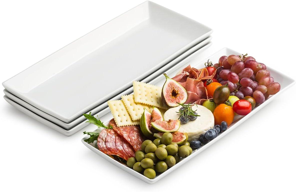 LAUCHUH Serving Platters and Tray White Serving Dishes for Entertaining 14-inch Large Rectangle Plates for Christmas, Porcelain Serving Trays for Steak, Taco, Sushi, Appetizer, Party, Set of 4