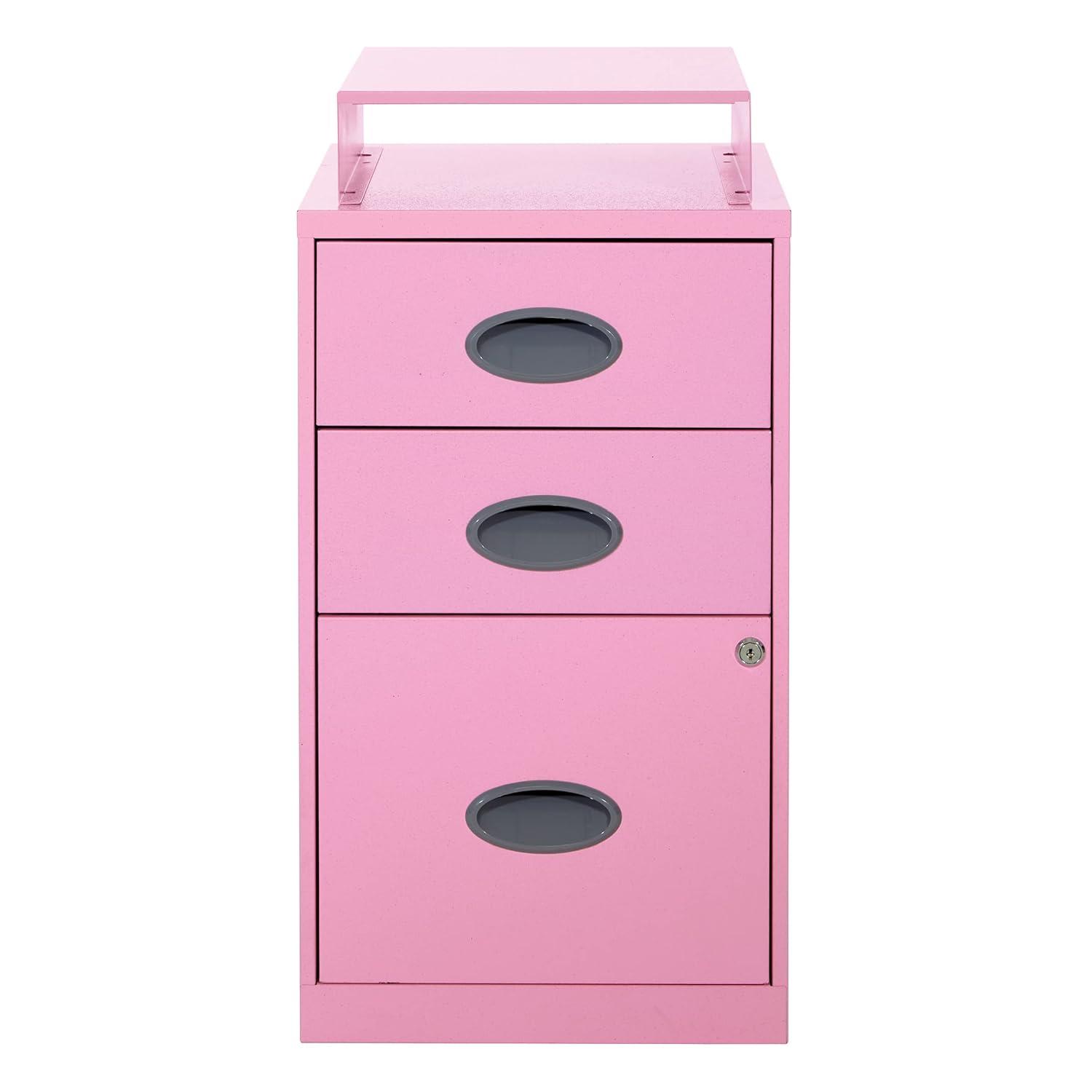 OSP Home Furnishings 3-Drawer Lockable Metal File Cabinet, Pink