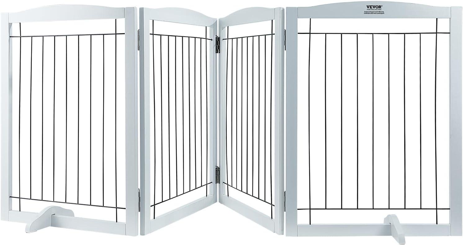 White Freestanding Solid Wood and Metal Pet Gate