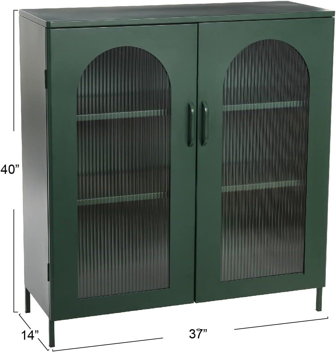 Creative Co-Op Solstice Wide Metal Accent Cabinet with 2 Adjustable Storage Shelves and Arched Glass Door, Dark Green