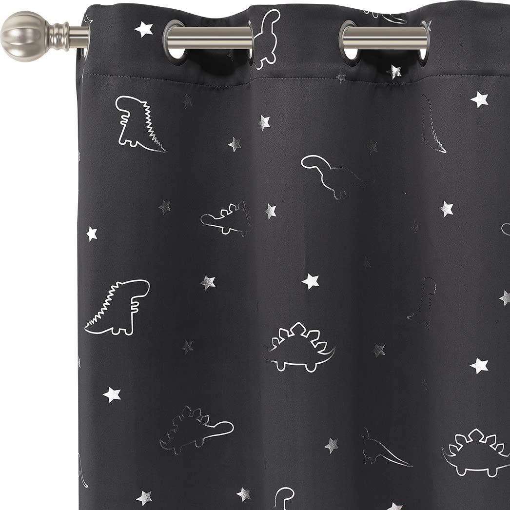 LORDTEX Dinosaur and Star Foil Print Blackout Curtains for Kids Room - Thermal Insulated Curtains Noise Reducing Window Drapes for Boys and Girls Bedroom, 42 x 63 Inch, Grey, Set of 2 Panels