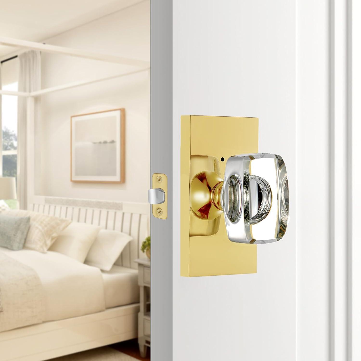 Clear Glass Crystal Door Knobs Interior,Octagon Gold Door Knob,Bathroom Bedroom Privacy Door Knobs with Lock,Satin Brass