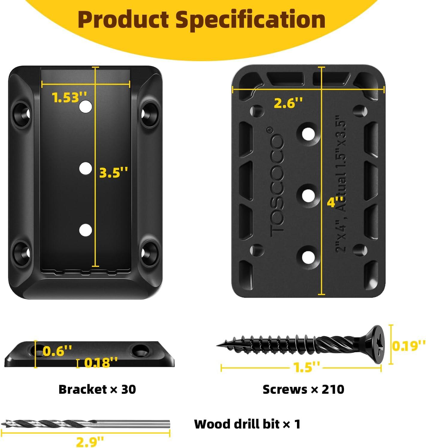 30 Pcs Deck Railing Bracket Connectors for 2"×4“ (Actually 1.5”x3.5“) Wood Post to Handrail Connection, Railing Connectors with 210 Pcs Galvanized Black Screws for Wooden Stair Fence Railings