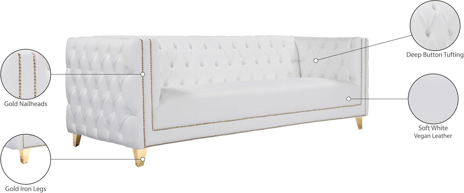 Michelle 90'' White Faux Leather Tufted Sofa with Gold Nailhead Trim