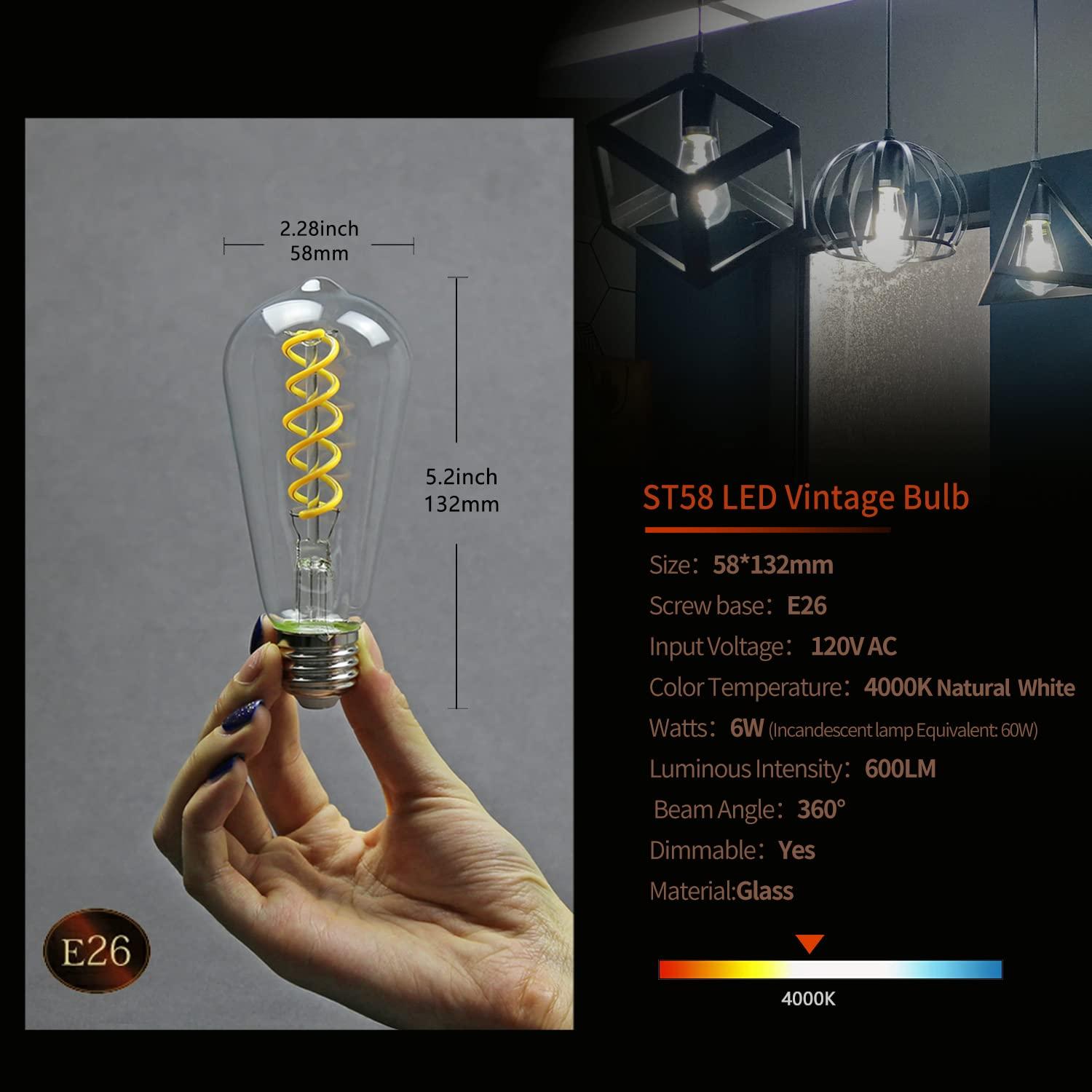 6 Pack ST19 ST58 Edison Bulb, Vintage LED Filament Bulb,Softy White 2700K, Antique Flexible Spiral LED Filament Light Bulb, Dimmable 600LM, 6W Equivalent to 60W, E26 Base,Clear Glass
