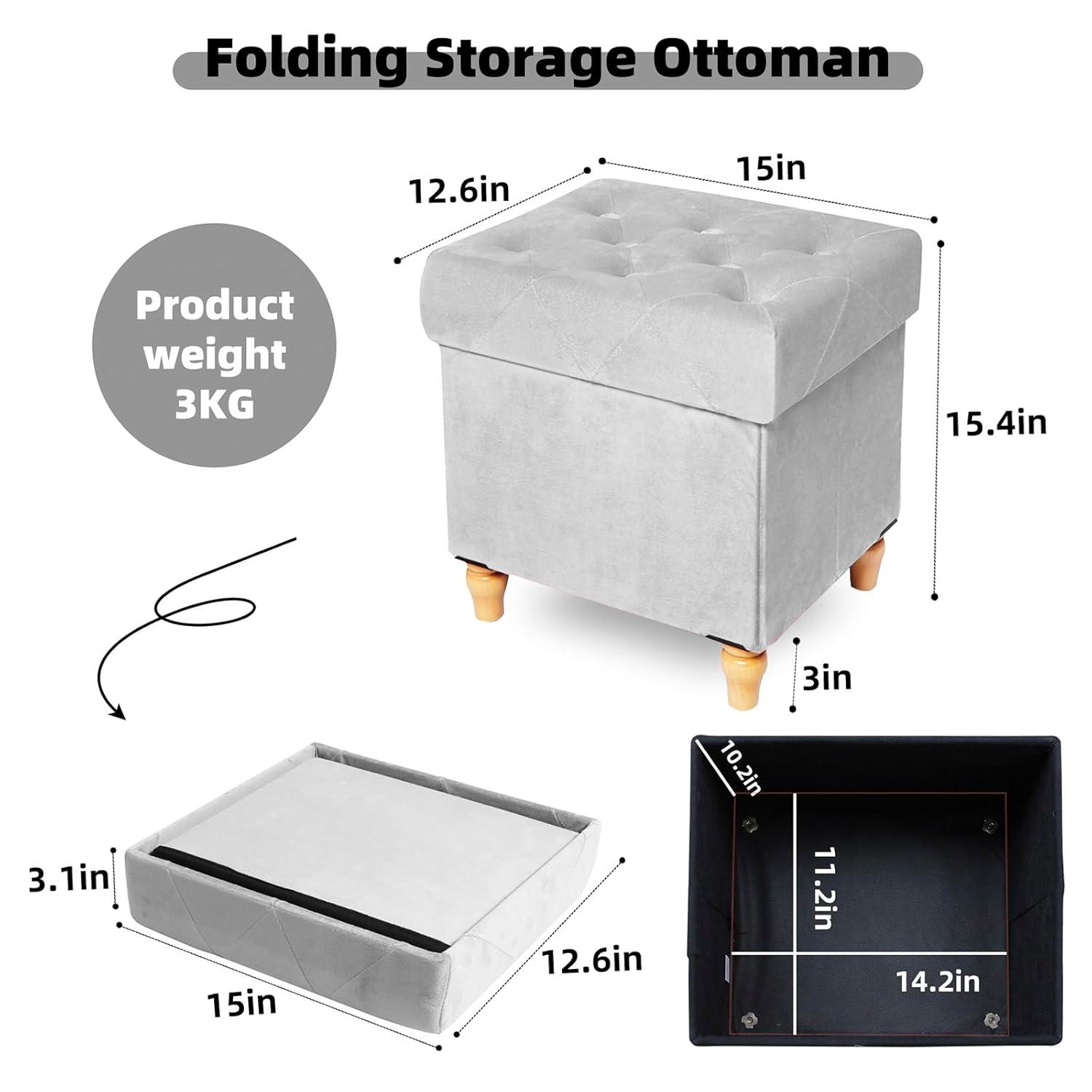 CAROLMADE Folding Storage Ottoman Cube Velvet Footstool with Wood Legs Ottoman Footrest for Living Room and Bedroom, Grey 15"x12.6"x15.4”