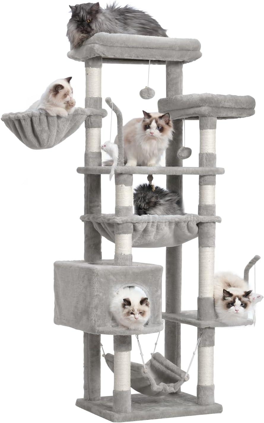 63" Cat Tree For Large Breeds - Spacious Platforms, Hammock, Sisal Scratching Posts & Cat Condo, Indoor Use