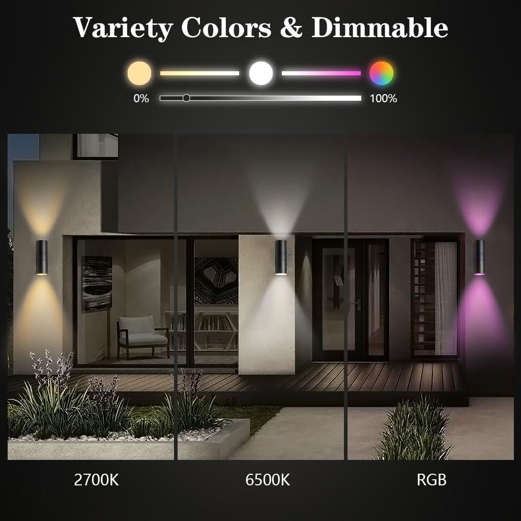Modern RGB Outdoor Light, 2700K-6500K Ambience Outdoor Wall Sconce Color Changing, Wifi App Control Up Down Lights, Smart Exterior Wall Light For House Porch, Works With Alexa Google Assistant