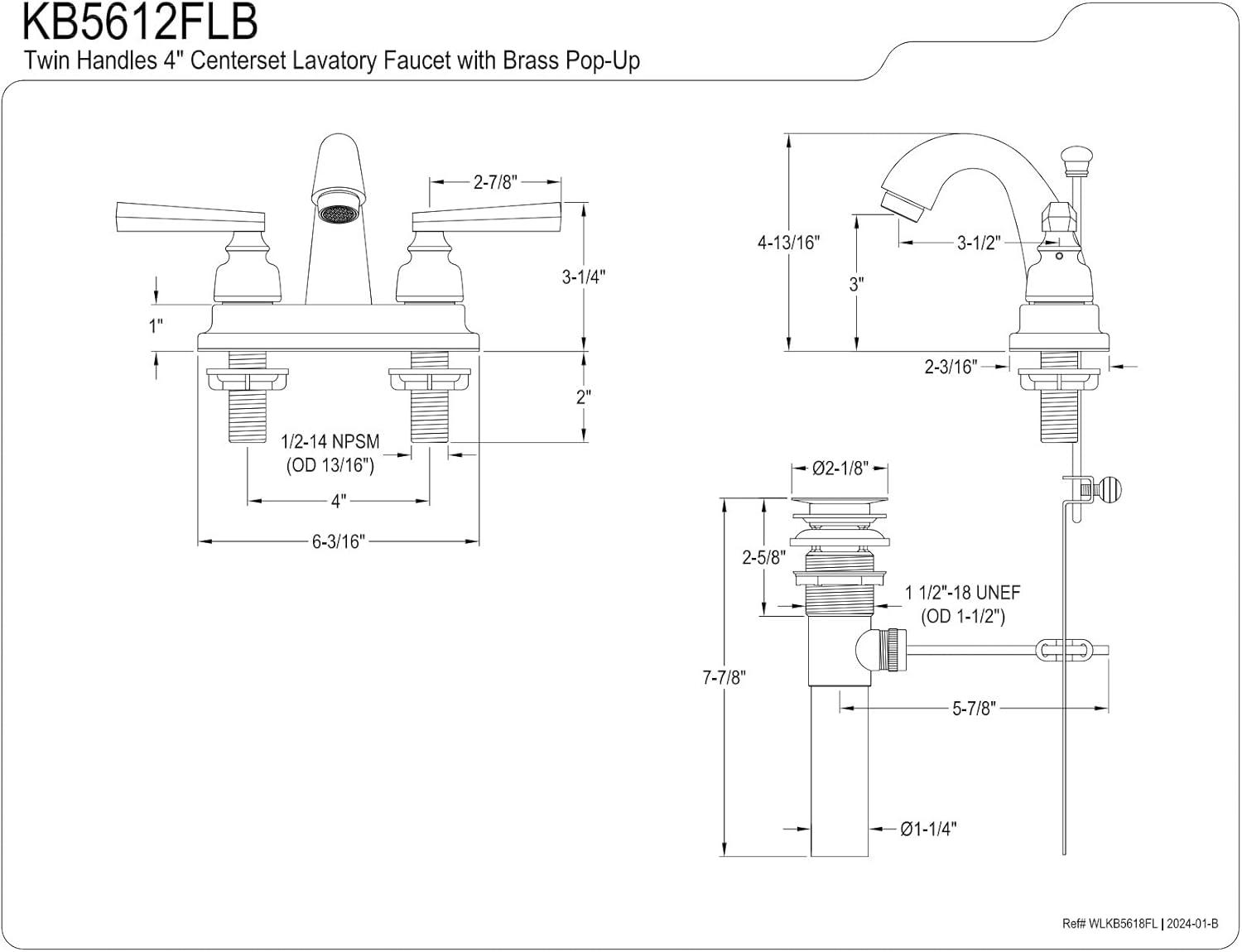 Kingston Brass KB5612FLB 4 in. Centerset Bathroom Faucet, Polished Brass