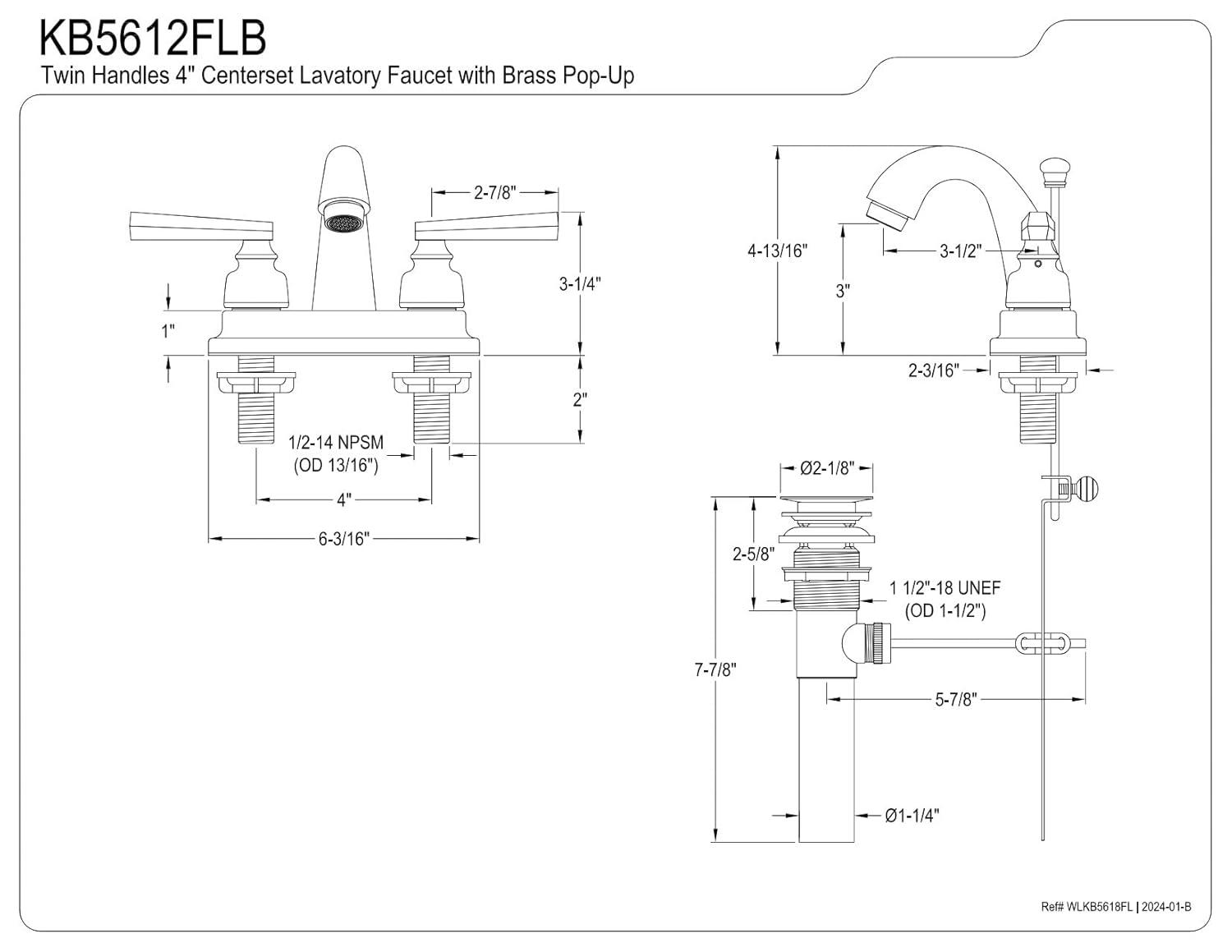 Kingston Brass Kingston Brass Two-Handle 3-Hole Deck Mount 4" Centerset Bathroom Faucet with Brass Pop-Up KB5612FLB