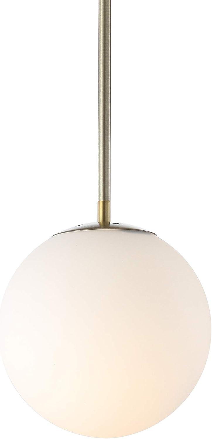 Bleecker 7.75" Metal/Glass Globe LED Pendant, White/Brass