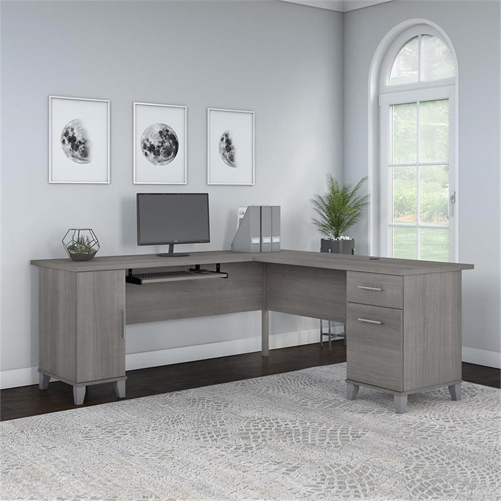 Platinum Gray L-Shaped Wood Desk with Drawer and Keyboard Tray