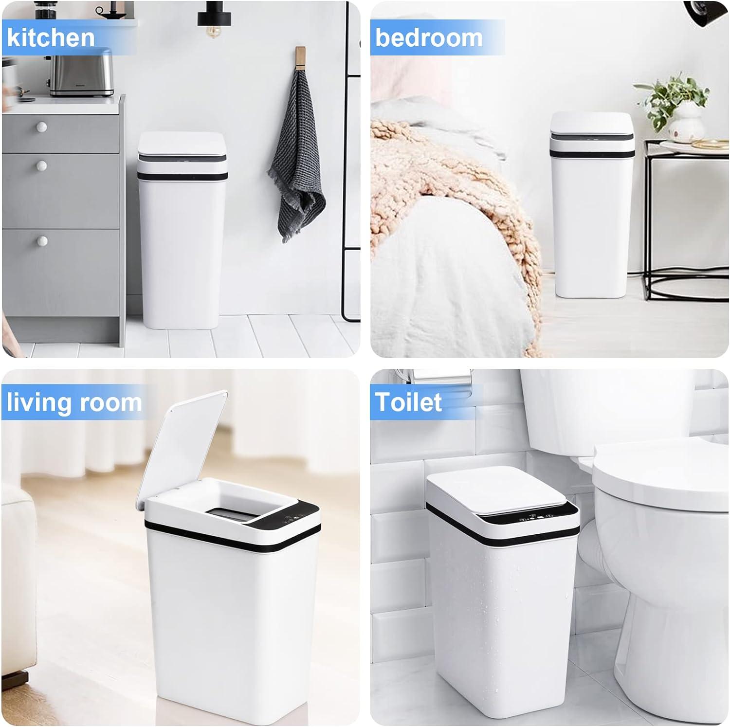 VQJTCVLY 2Pack Bathroom Small Trash Can with Lid, 2.6 Gallon Touchless Automatic Garbage Can Slim Waterproof Motion Sensor Smart Trash Bin for Bedroom, Office, Kitchen, Living Room (White)