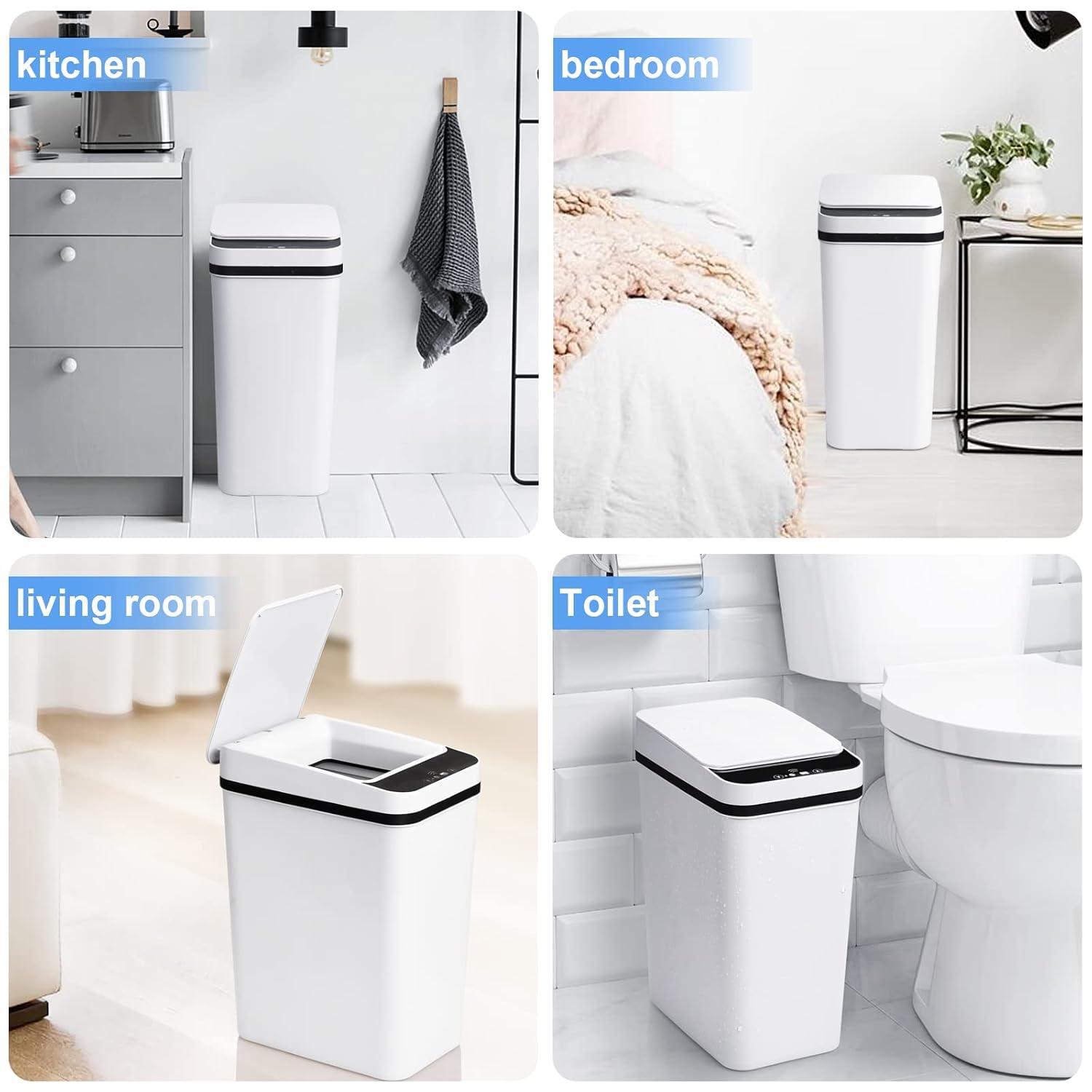 VQJTCVLY 2Pack Bathroom Small Trash Can with Lid, 2.6 Gallon Touchless Automatic Garbage Can Slim Waterproof Motion Sensor Smart Trash Bin for Bedroom, Office, Kitchen, Living Room (White)