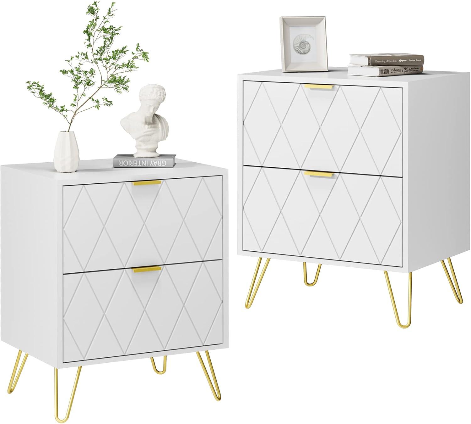 White Nightstand Set of 2, End Side Table Double, Bedside Table with 2 Drawers, Dual Night Stand Metal Legs for Bedroom Living Room