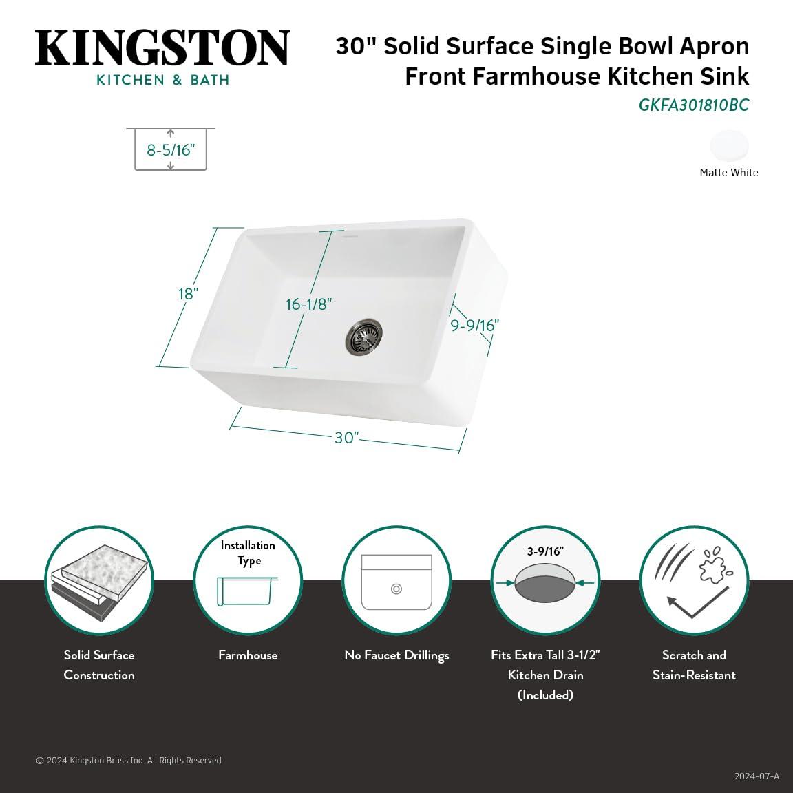 Kingston Brass GKFA301810BC Arctic Stone Solid Surface White Apron Front Farmhouse Single Bowl Kitchen Sink, 30" (L) X 18" (W) X 9-9/16 (D), Matte White