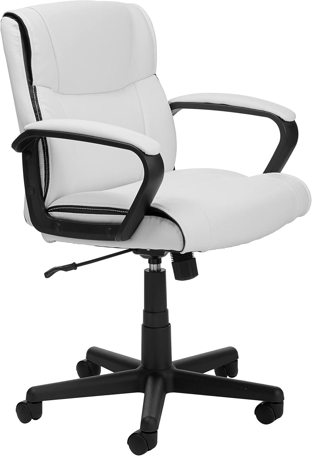 White Faux Leather Mid-Back Office Desk Chair with Padded Armrests