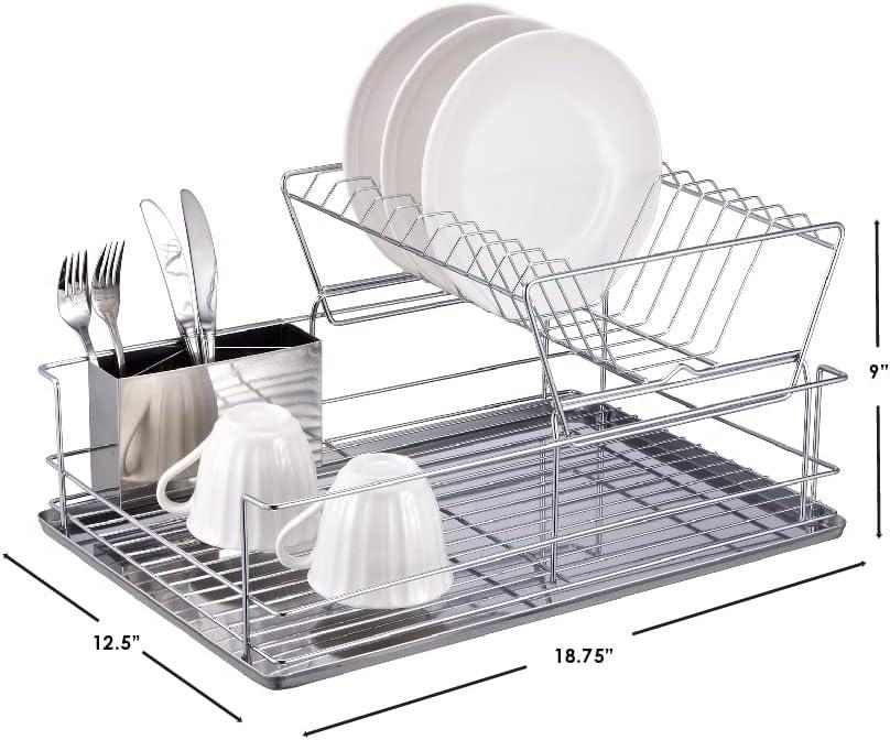 Dish Drying Rack, 2-Tier Dish Rack with Utensil Holder, Dish Drainer for Kitchen, Plated Chrome Dish Dryer (Heavy duty, Silver)