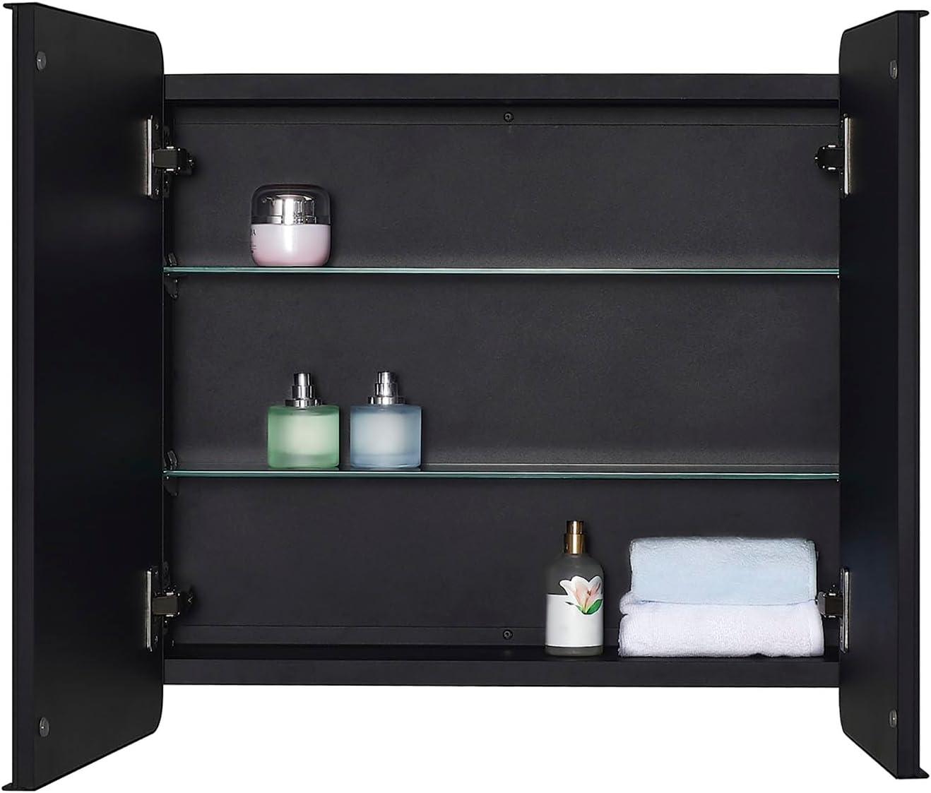 Black Bathroom Medicine Cabinet with Round Corner Framed Door and Beveled Edge Mirror 22 x 20 inch, Recessed or Surface Mount, with Adjustable Glass Shelves