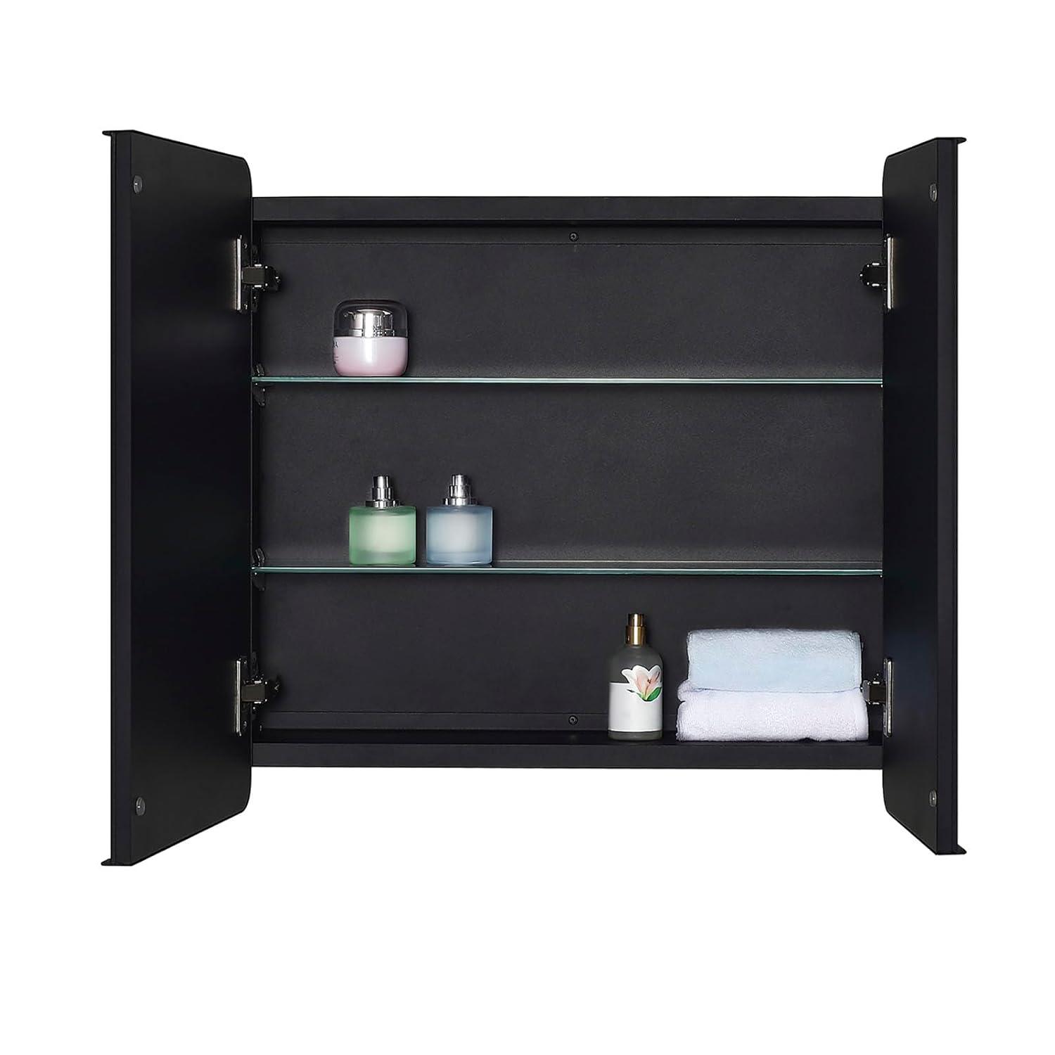 Black Bathroom Medicine Cabinet with Round Corner Framed Door and Beveled Edge Mirror 22 x 20 inch, Recessed or Surface Mount, with Adjustable Glass Shelves