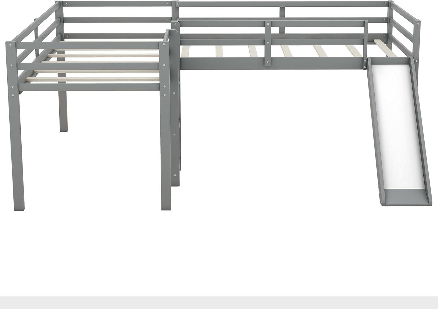 Harper & Bright Designs L-Shaped Loft Bed with Slide, Wooden Low Loft Beds for 2 Kids, Twin Size Low Loft Bed with Built-in Ladders, Gray