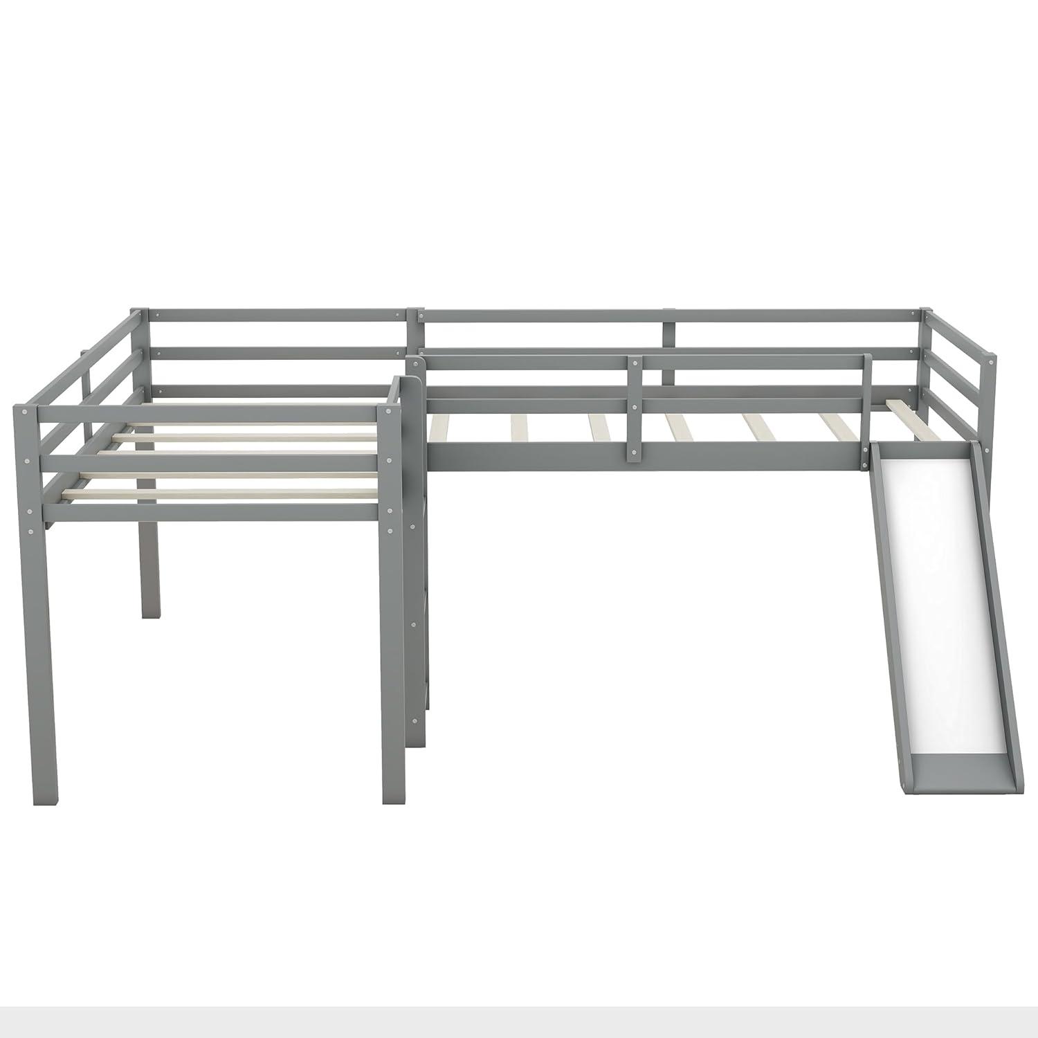 Harper & Bright Designs L-Shaped Loft Bed with Slide, Wooden Low Loft Beds for 2 Kids, Twin Size Low Loft Bed with Built-in Ladders, Gray