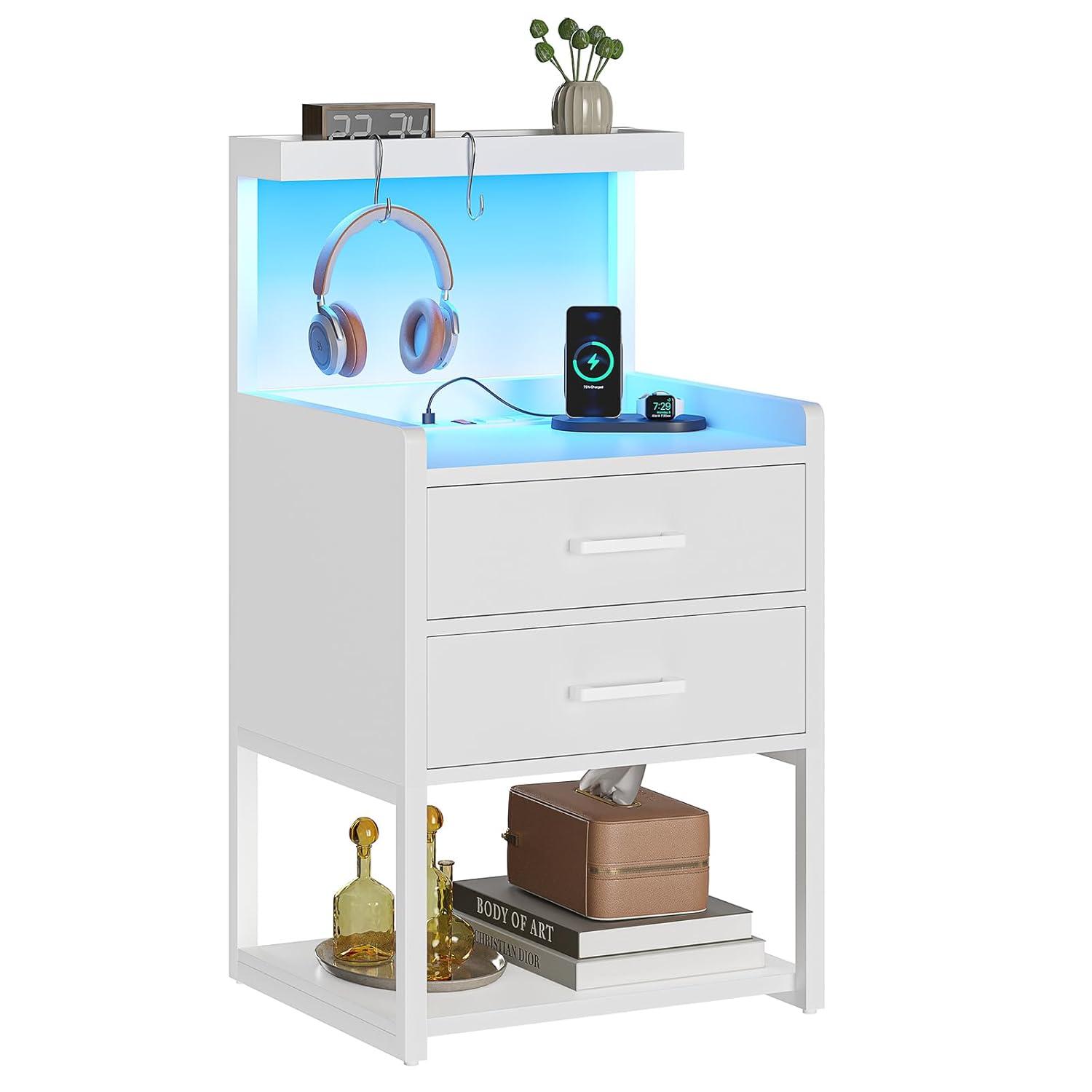 Nightstand with LED Lights and Charging Station, 2 Drawers Bedroom Night Stand, 2 USB Ports, 2 Outlets, Bed Side Table with Storage Shelves, White
