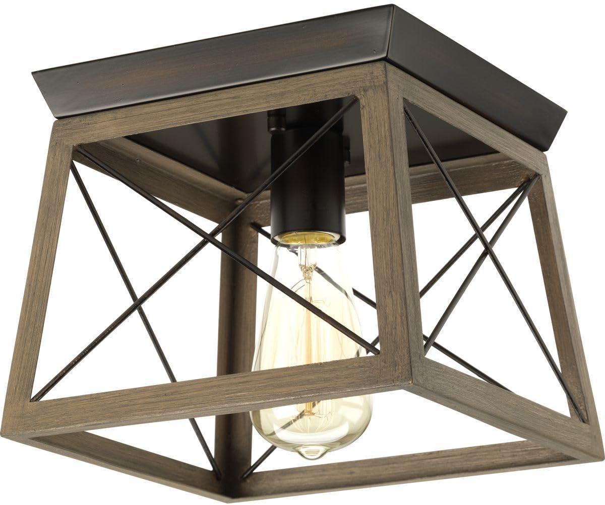 Progress Lighting Briarwood 1-Light Flush Mount, Antique Bronze, Faux-Painted Wood Shade