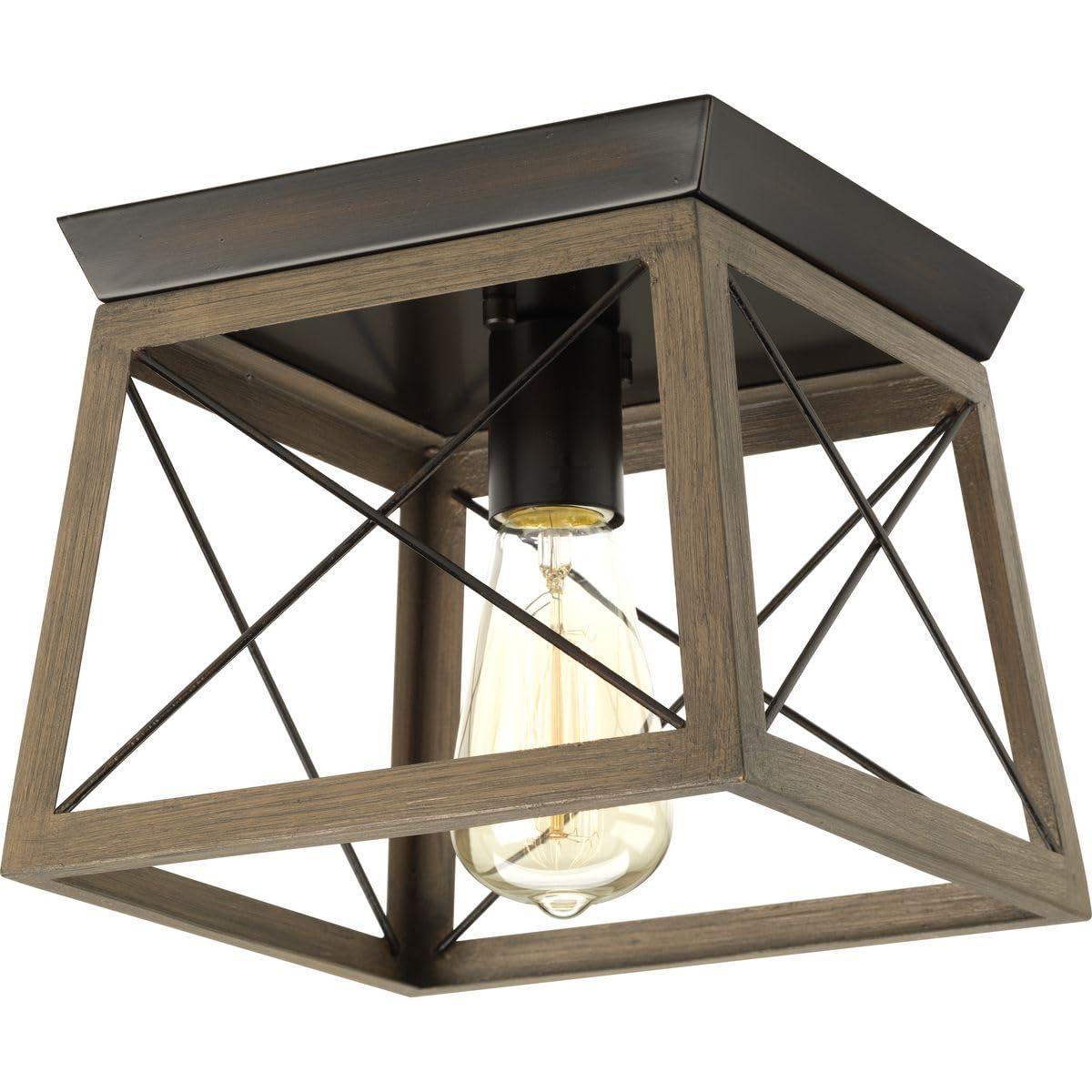 Progress Lighting Briarwood 1-Light Flush Mount, Antique Bronze, Faux-Painted Wood Shade