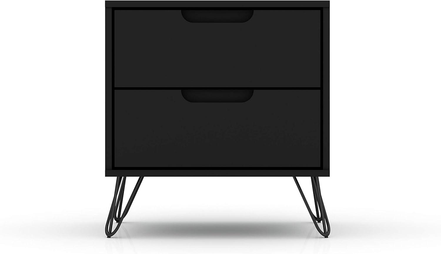 2.0 Rockefeller Nightstand Black - Manhattan Comfort: Modern Bedside Table with Metal Legs & Storage