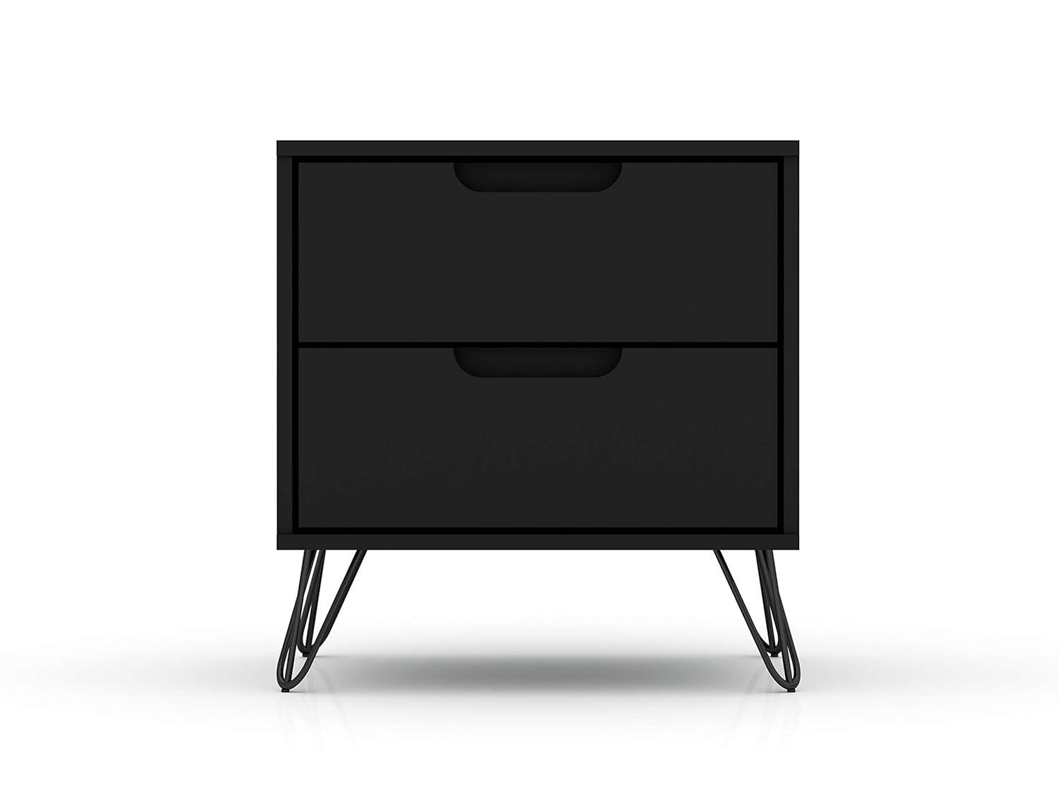 2.0 Rockefeller Nightstand Black - Manhattan Comfort: Modern Bedside Table with Metal Legs & Storage