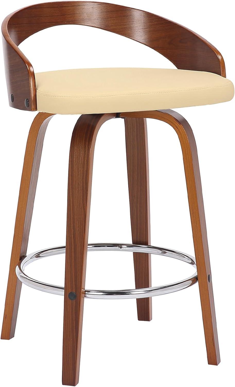 Sonia 26 in.  Counter Height Swivel Cream Faux Leather and Walnut Wood Bar Stool