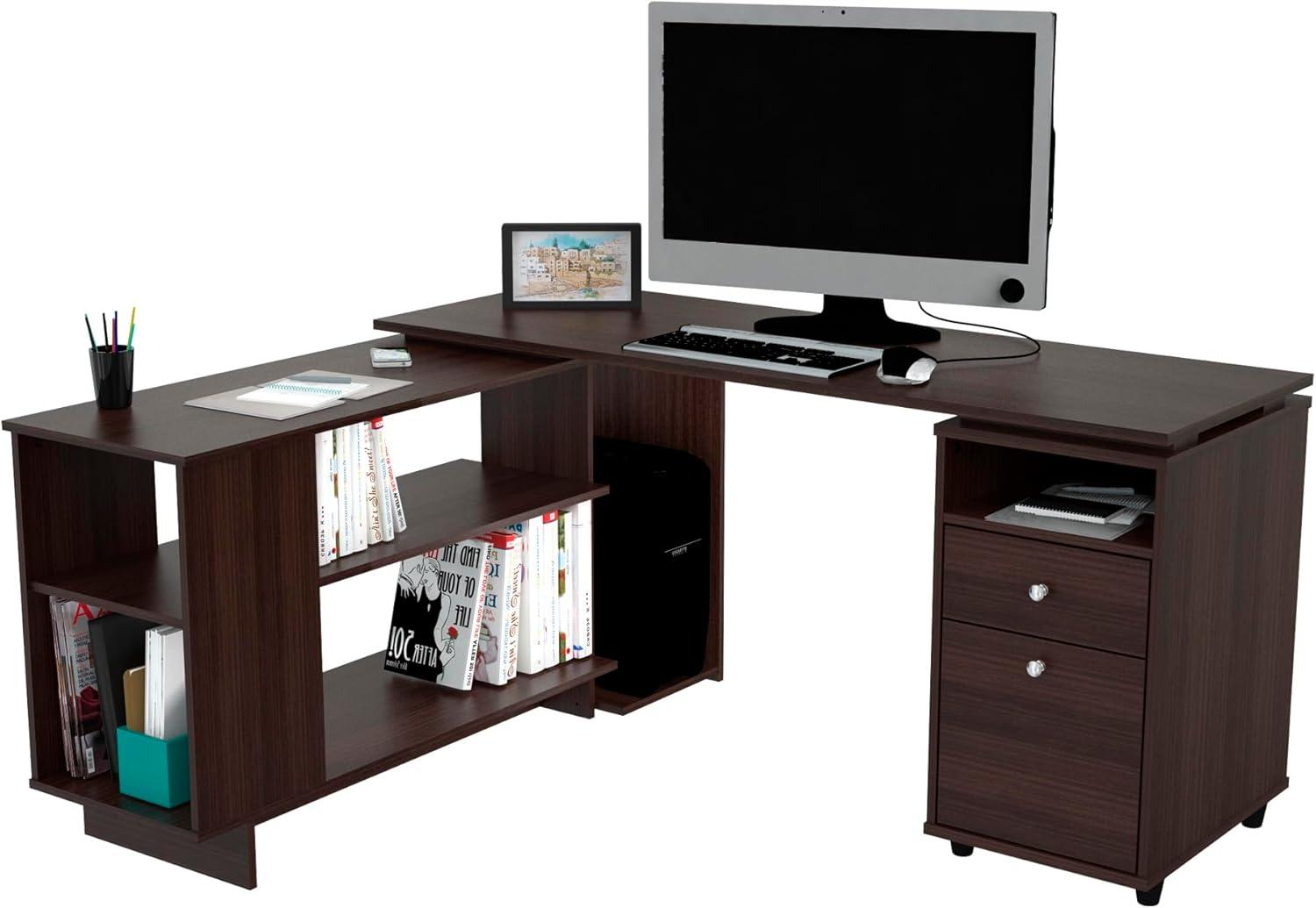 Inval L-Shaped Reversible Computer Desk, Espresso