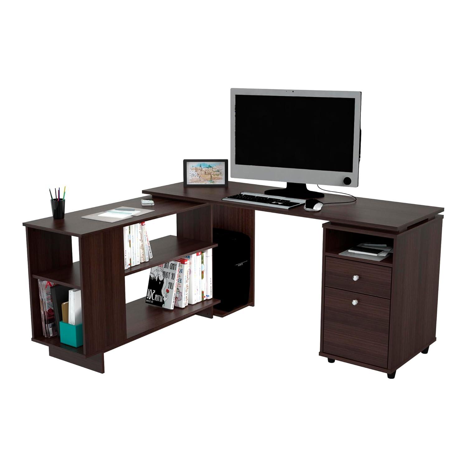 Inval L-Shaped Reversible Computer Desk, Espresso