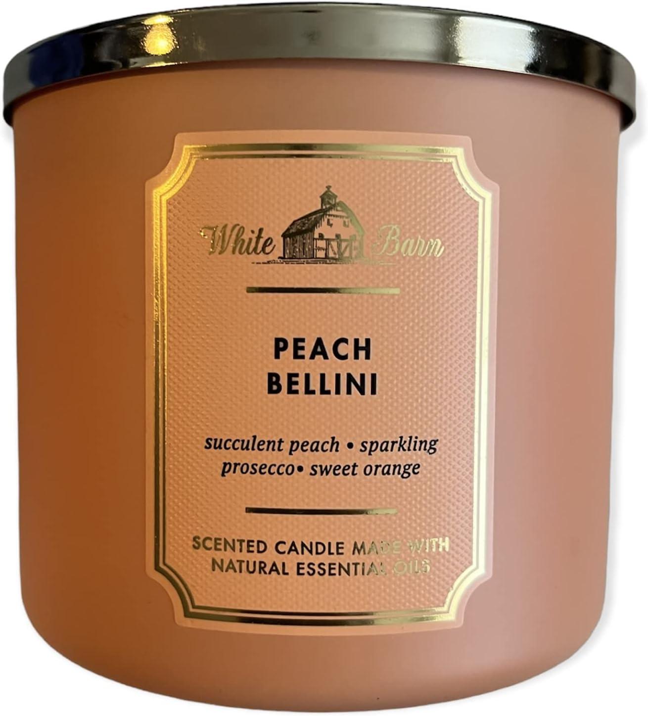 Bath and Body Works White Barn 3 Wick Scented Candle Peach Bellini with Essential Oils 14.5 Ounce