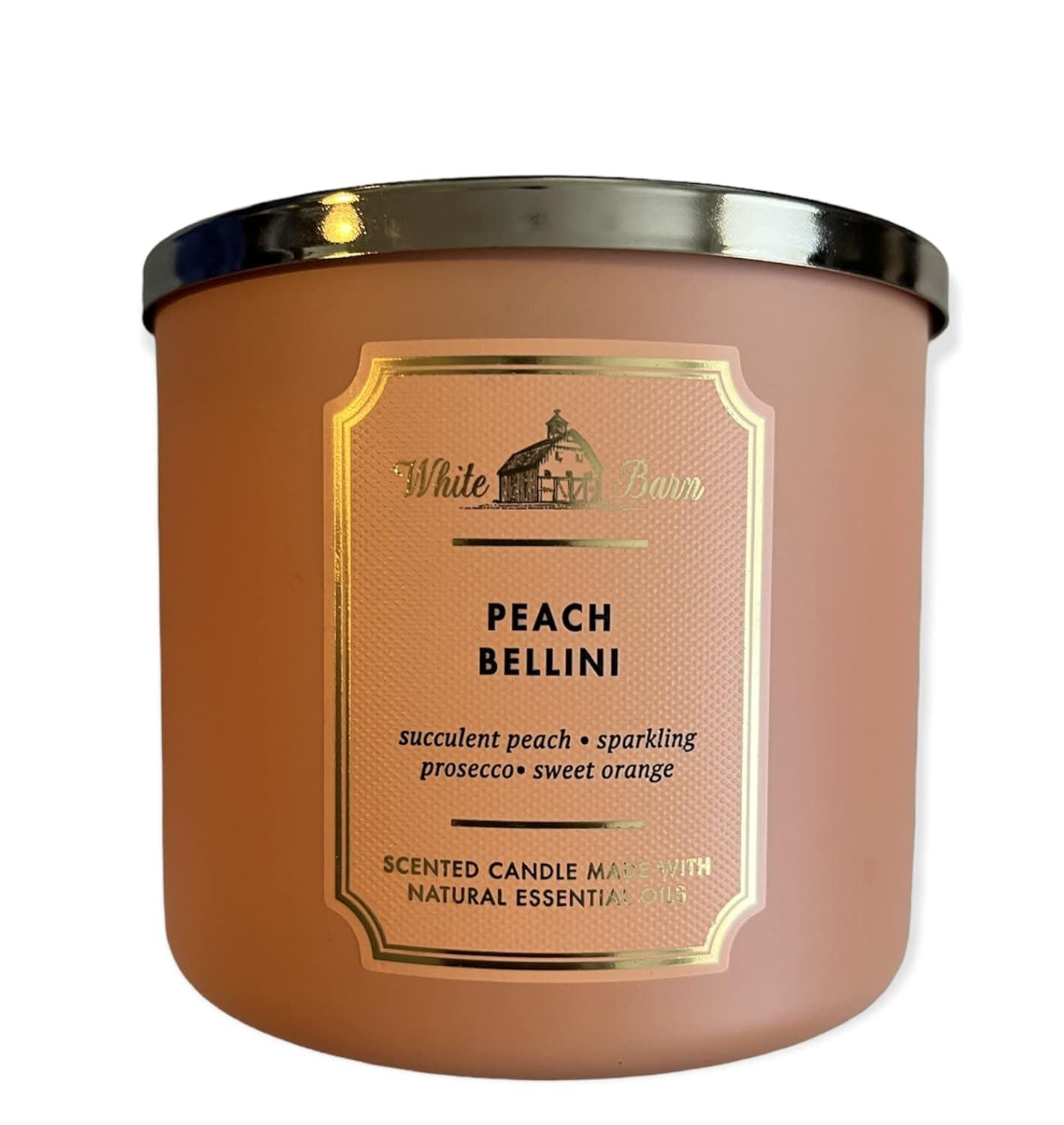 Bath and Body Works White Barn 3 Wick Scented Candle Peach Bellini with Essential Oils 14.5 Ounce