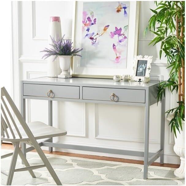 SAFAVIEH Esther Amish 2 Drawer Rectangle Wood Desk, Grey (22 in. W x 46 in. D x 30 in. H)