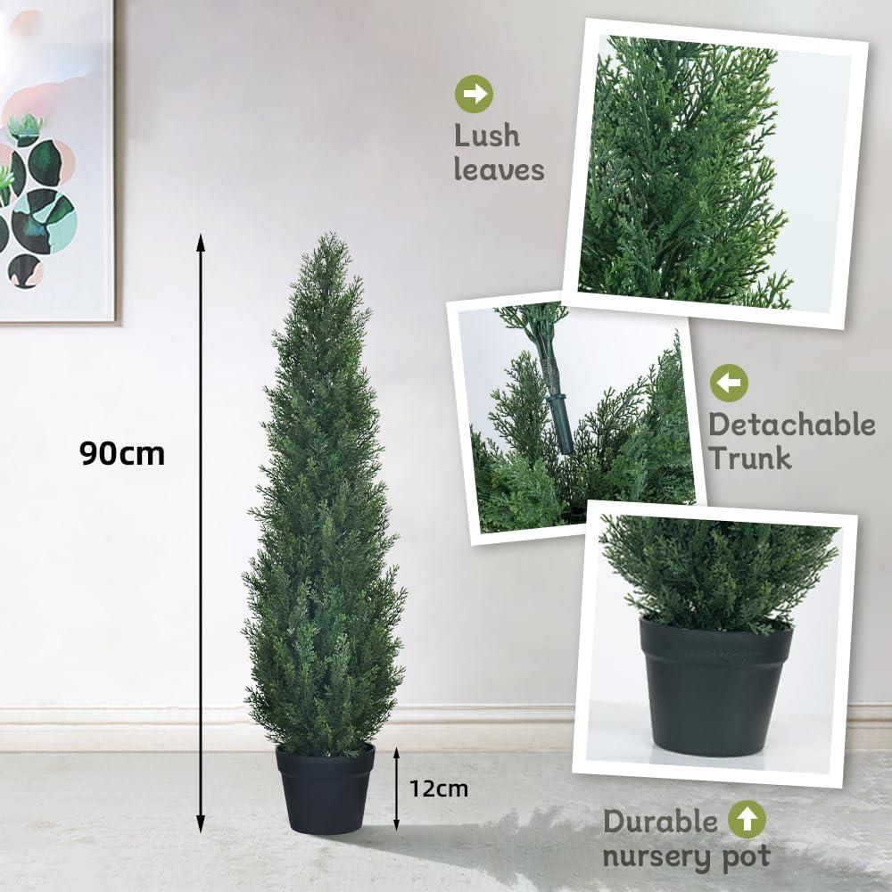 2 Pack 3ft Artificial Cedar Topiary Trees for Outdoors, Fake Cypress Plants with Solar Light String, Faux uv resistant Plants for Home Front Porch Decor, Housewarming Gift