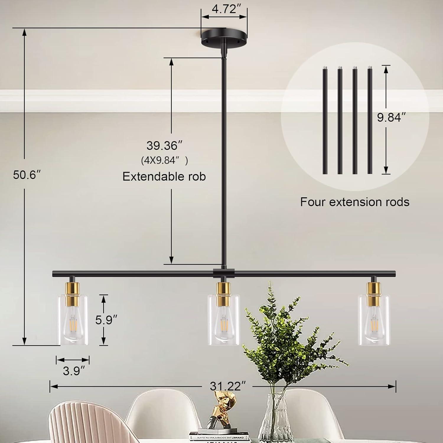 Black and Gold Linear Metal Chandelier with Clear Glass Shades