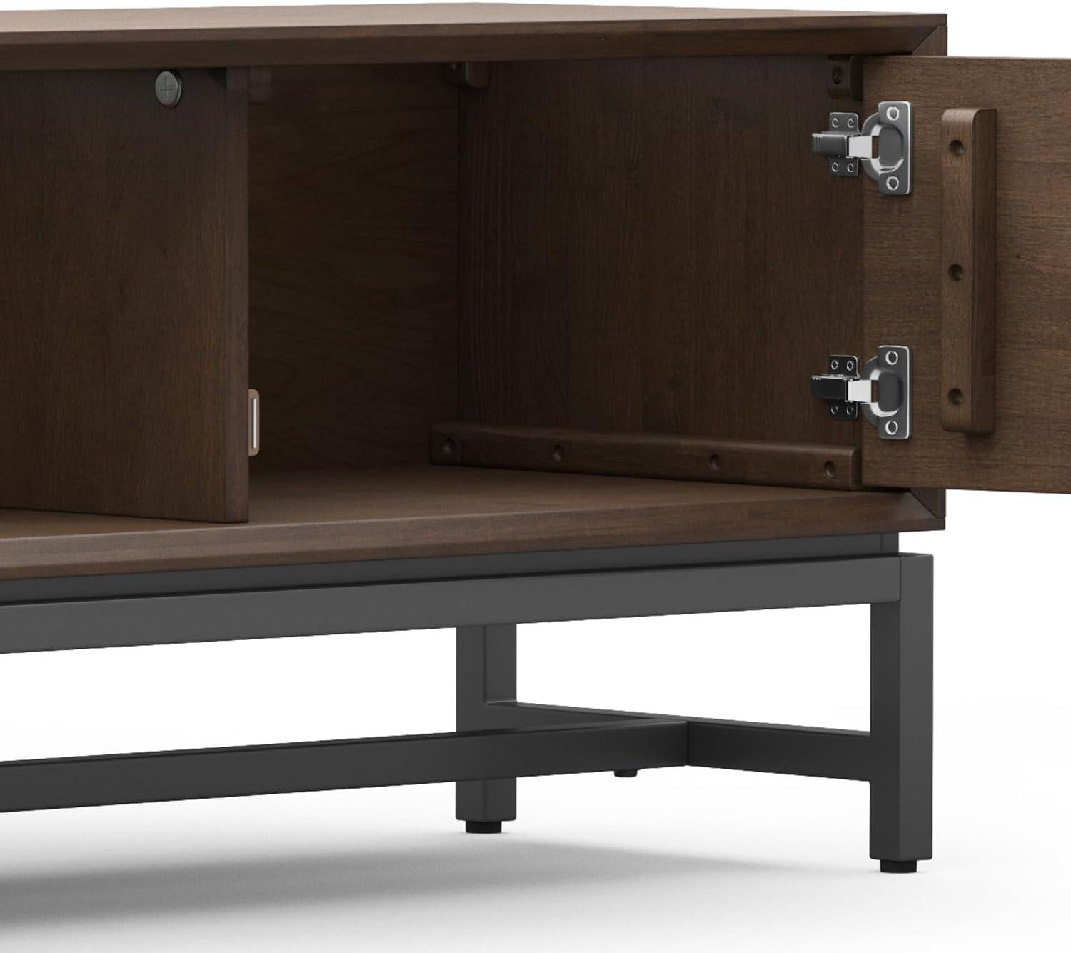 Simpli Home Banting 72"W Solid Hardwood Industrial Low TV Stand for TVs up to 80" with 2 Cabinets and Metal Base