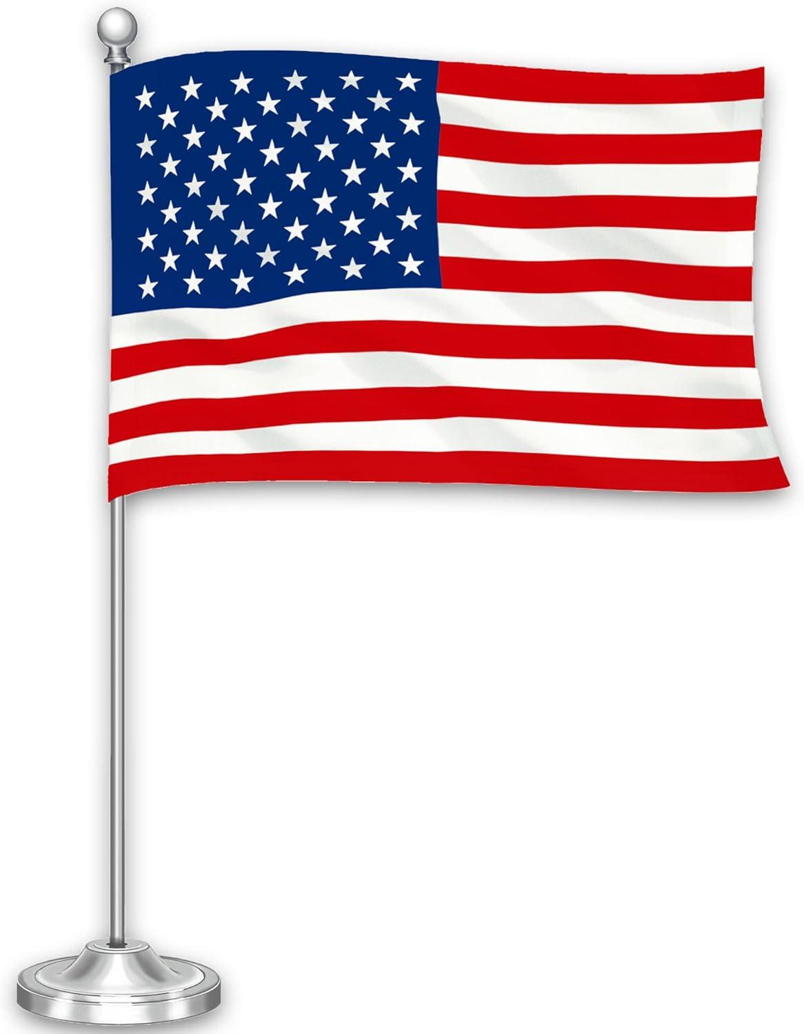 G128 American USA Deluxe Desk Flag Set | 8.5x5.5 In | Printed 300D Polyester, with Silver Dome and Base, 15" Metal Pole, Decorations For Office, Home and Festival Events Celebration